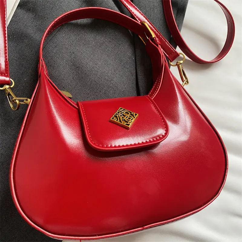 PU Leather Crossbody Shoulder Bags Solid Color Elegant Underarm Pouch Detachable Strap Crescent Handbag Date Party Saddle Bag