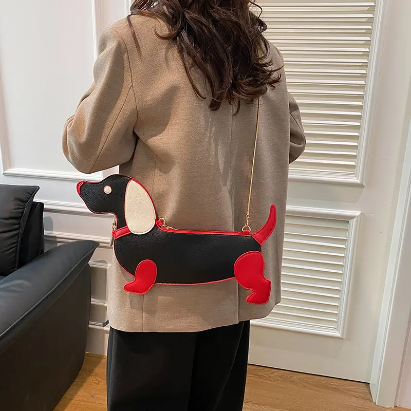 Cartoon Dog Design Shoulder Bag for Women's PU Leather Crossbody Bags with Chain Personalized Zipper Evening Party Purse Satchel