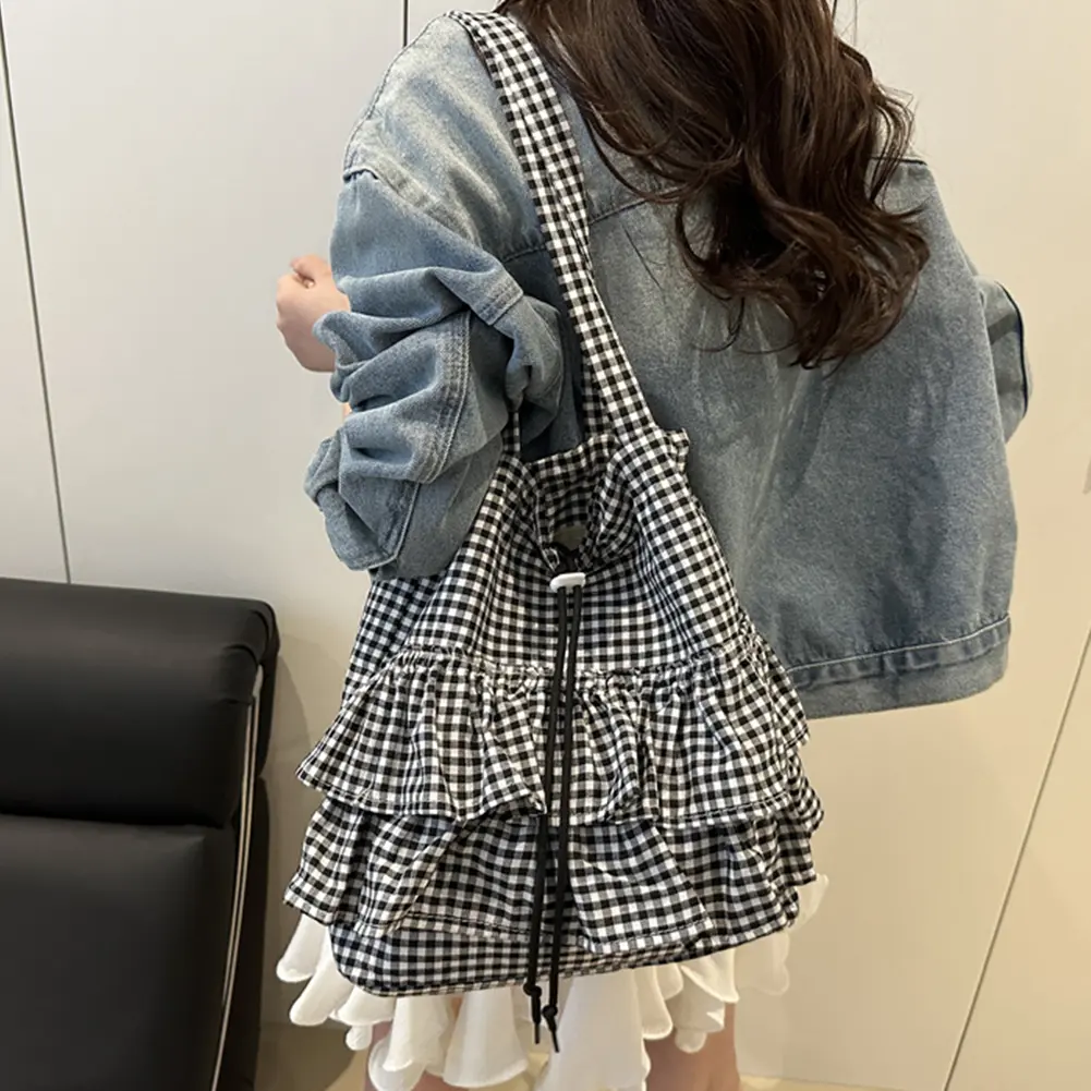 Cute Plaid Cotton Bucket Bag Drawstring Lace Trim Ruffles Tote Handbag Floral Printed Shoulder Bag Large Capacity Top-Handle Bag