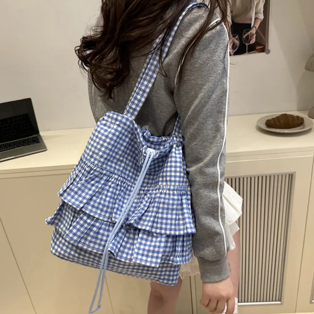 Cute Plaid Cotton Bucket Bag Drawstring Lace Trim Ruffles Tote Handbag Floral Printed Shoulder Bag Large Capacity Top-Handle Bag