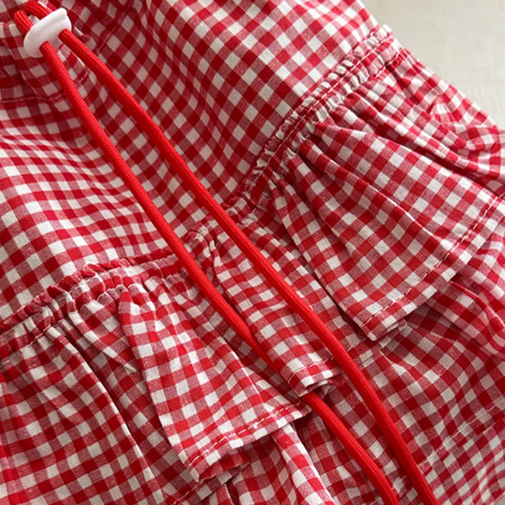Cute Plaid Cotton Bucket Bag Drawstring Lace Trim Ruffles Tote Handbag Floral Printed Shoulder Bag Large Capacity Top-Handle Bag