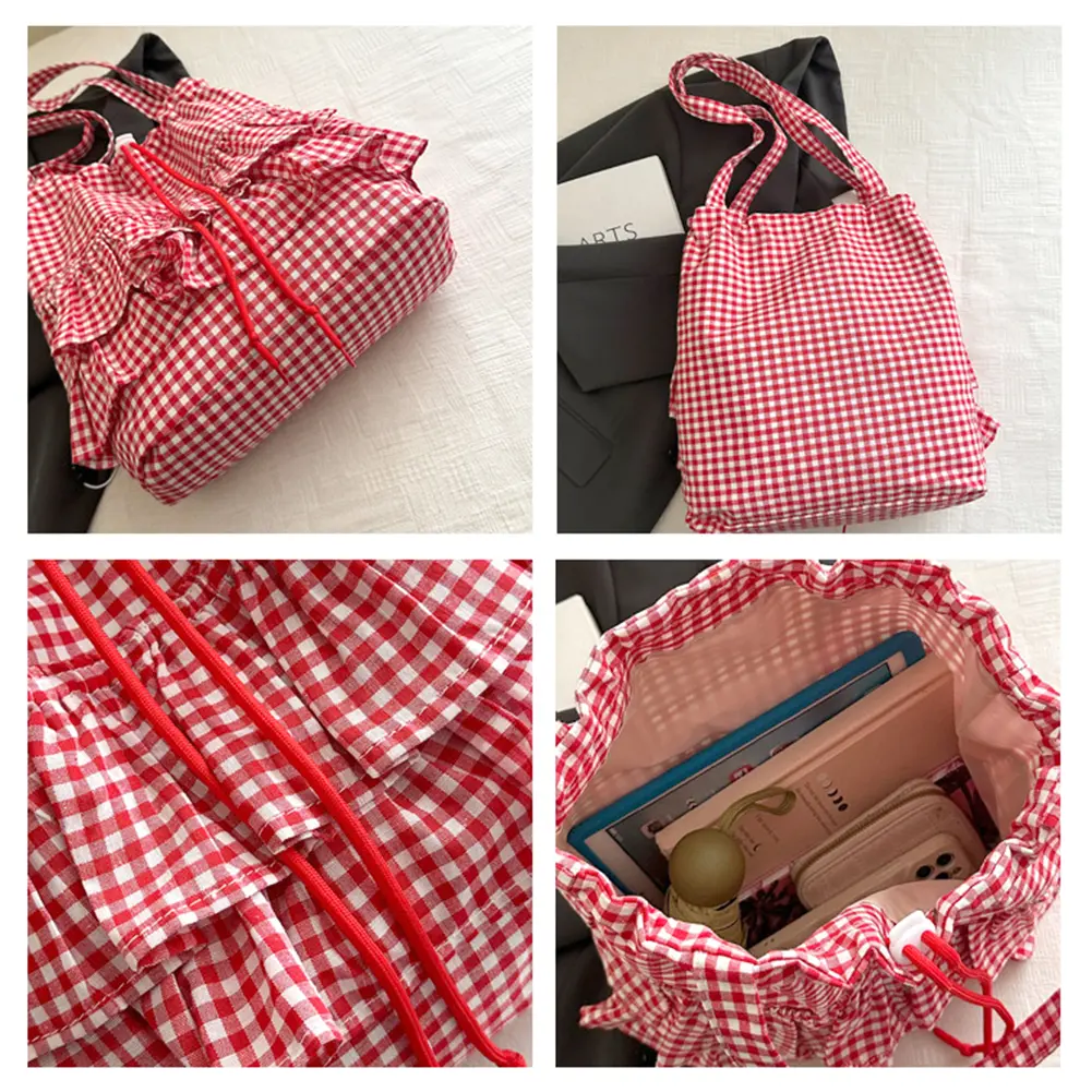 Cute Plaid Cotton Bucket Bag Drawstring Lace Trim Ruffles Tote Handbag Floral Printed Shoulder Bag Large Capacity Top-Handle Bag