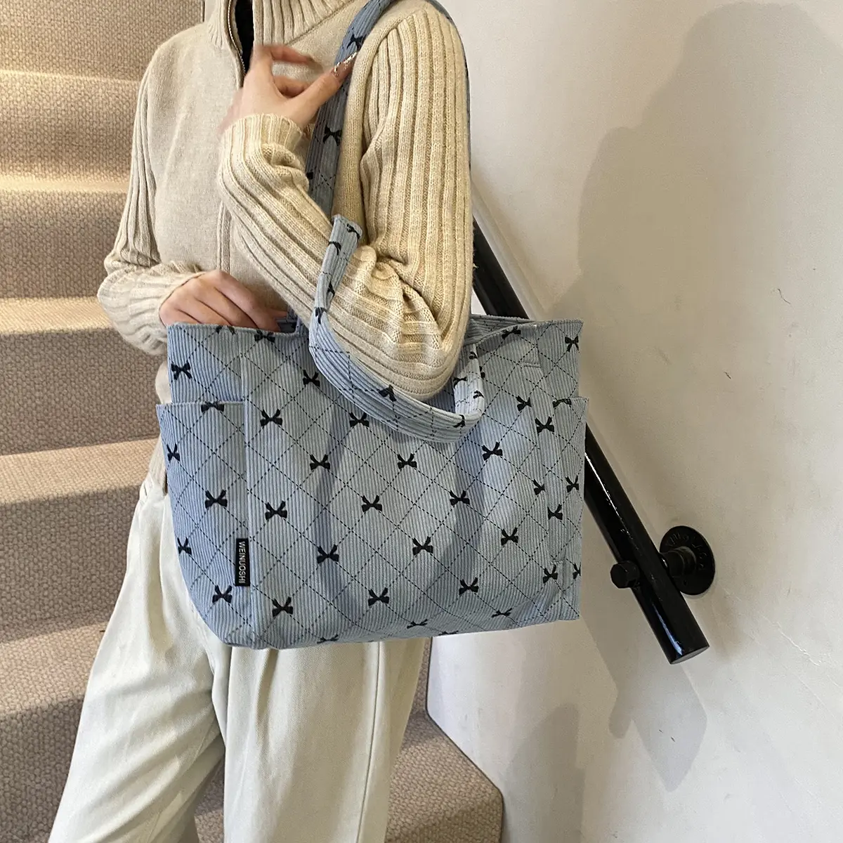 Bow Pattern Tote Handbag Corduroy Large Capacity Shoulder Bags Retro Casual Underarm Pouch Commuting Top-Handle Shopping Bags