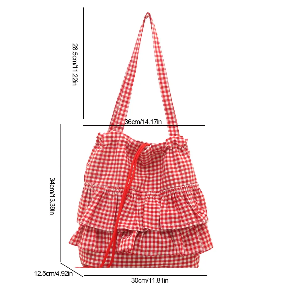 Cute Plaid Cotton Bucket Bag Drawstring Lace Trim Ruffles Tote Handbag Floral Printed Shoulder Bag Large Capacity Top-Handle Bag