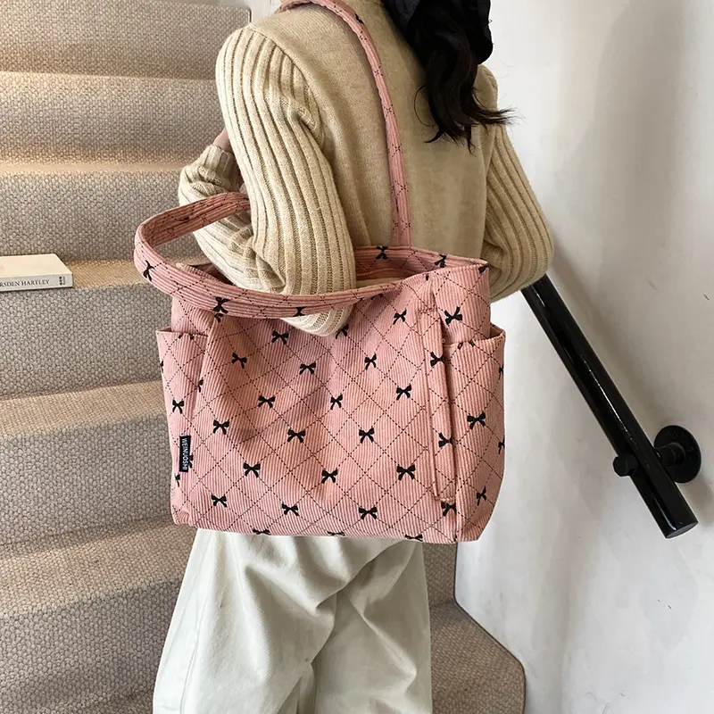 Bow Pattern Tote Handbag Corduroy Large Capacity Shoulder Bags Retro Casual Underarm Pouch Commuting Top-Handle Shopping Bags