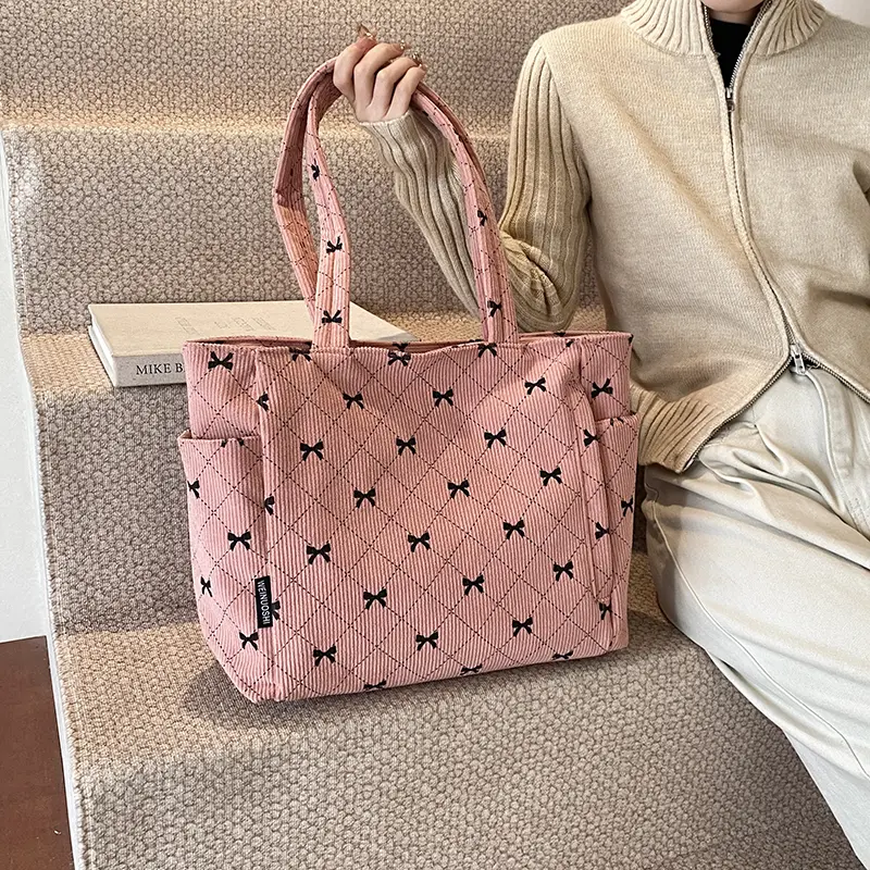 Bow Pattern Tote Handbag Corduroy Large Capacity Shoulder Bags Retro Casual Underarm Pouch Commuting Top-Handle Shopping Bags