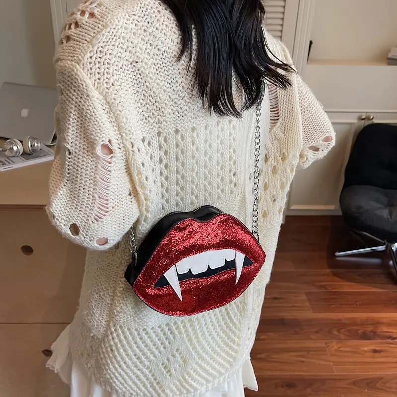 Halloween Lip Shape Shoulder Sling Bag Vampire Sequined Leather Chain Bag Women Party Evening Bag Funny Design Crossbody Bags