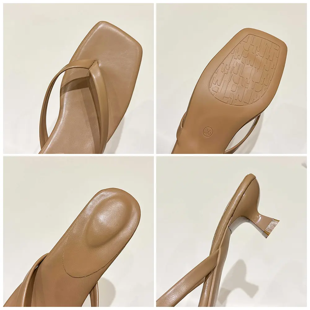 Women Stiletto Square Toe Sandals Comfort Low Heel Slides PU Leather Casual Flip-Flops Beach Travel Thin Heel Clip Toe Slippers