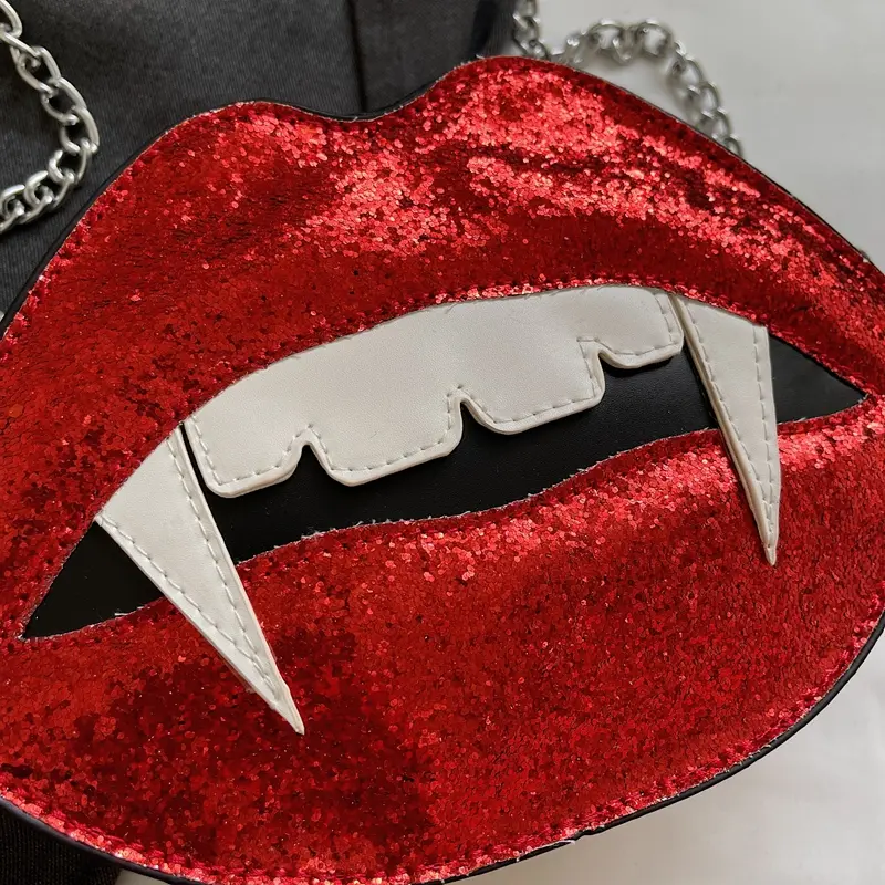 Halloween Lip Shape Shoulder Sling Bag Vampire Sequined Leather Chain Bag Women Party Evening Bag Funny Design Crossbody Bags