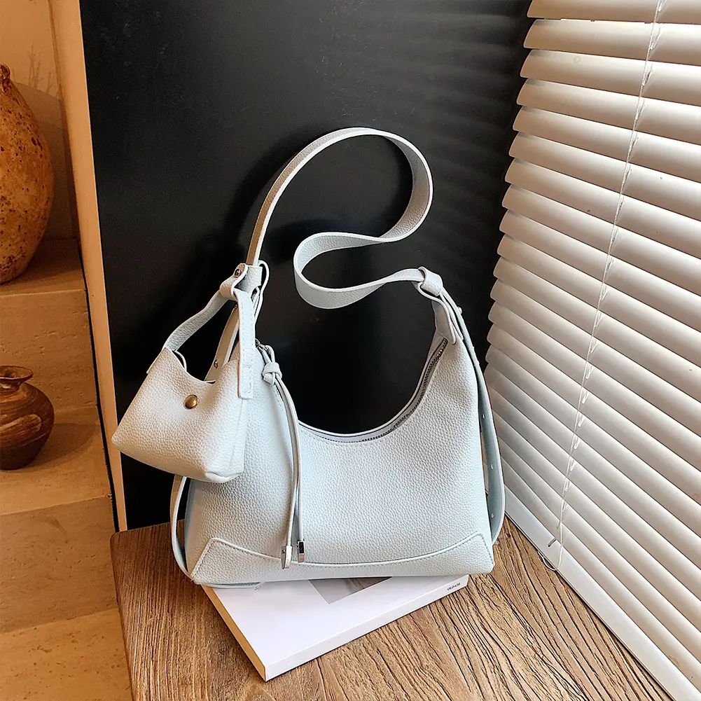 PU Leather Shoulder Bag with Small Wallet Solid Color Underarm Pouch Travel Sling Bag Women Crescent Bag Work Crossbody Bags