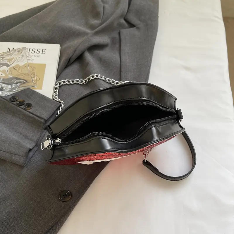 Halloween Lip Shape Shoulder Sling Bag Vampire Sequined Leather Chain Bag Women Party Evening Bag Funny Design Crossbody Bags