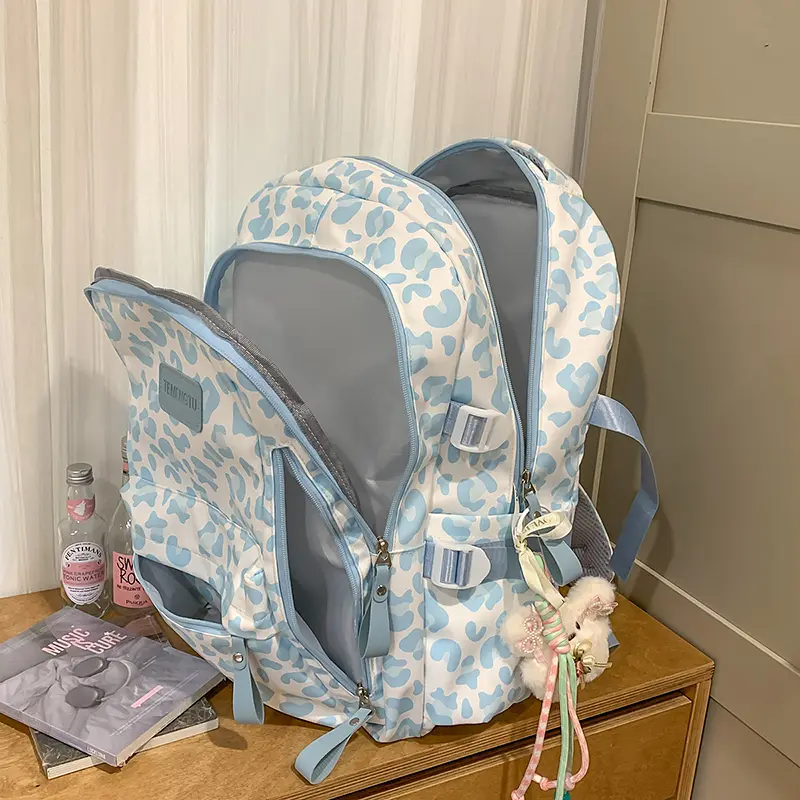 Leopard Print School Bag Trendy Lightweight Travel Backpack College Laptop Bag High Middle Students Bookbag Nylon Large Daypack