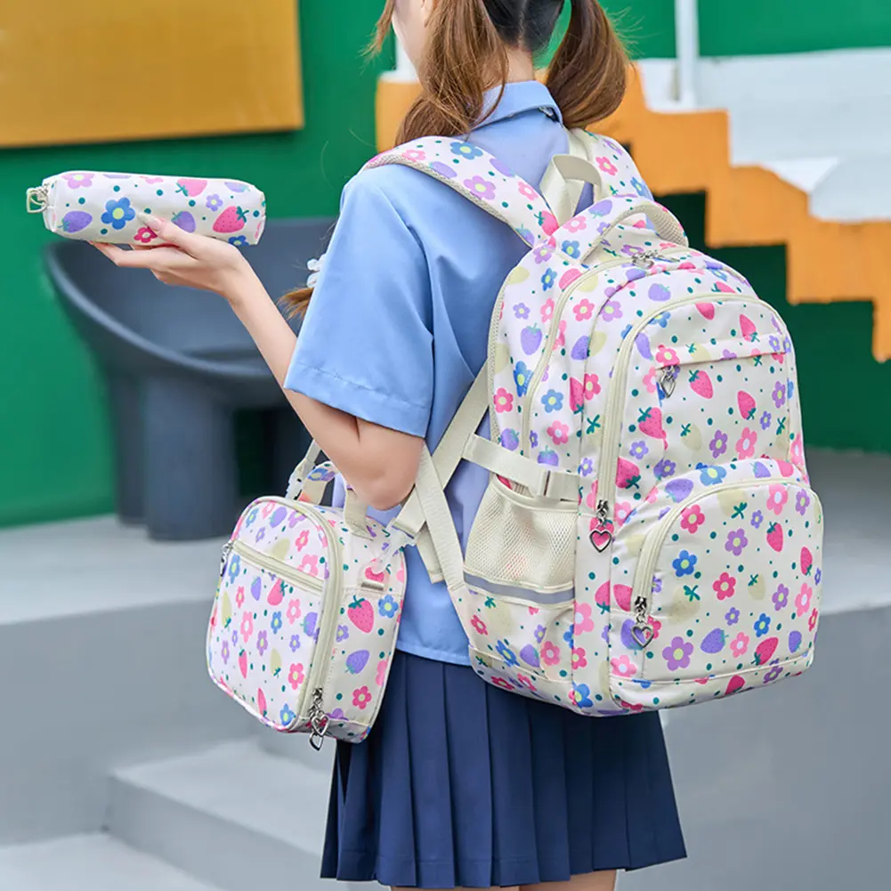 3Pcs Strawberry Prints Primary School Bags with Lunch Bag Pencil Case Strawberry Prints Rucksack Girls Student Casual Daypack