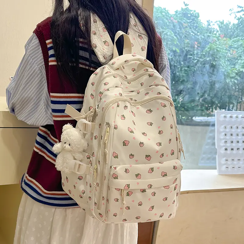 Cute Flower Backpack with Pendant Sweet Print Student Book Schoolbag Large Capacity Small Floral Laptop Bags Lady Casual Daypack