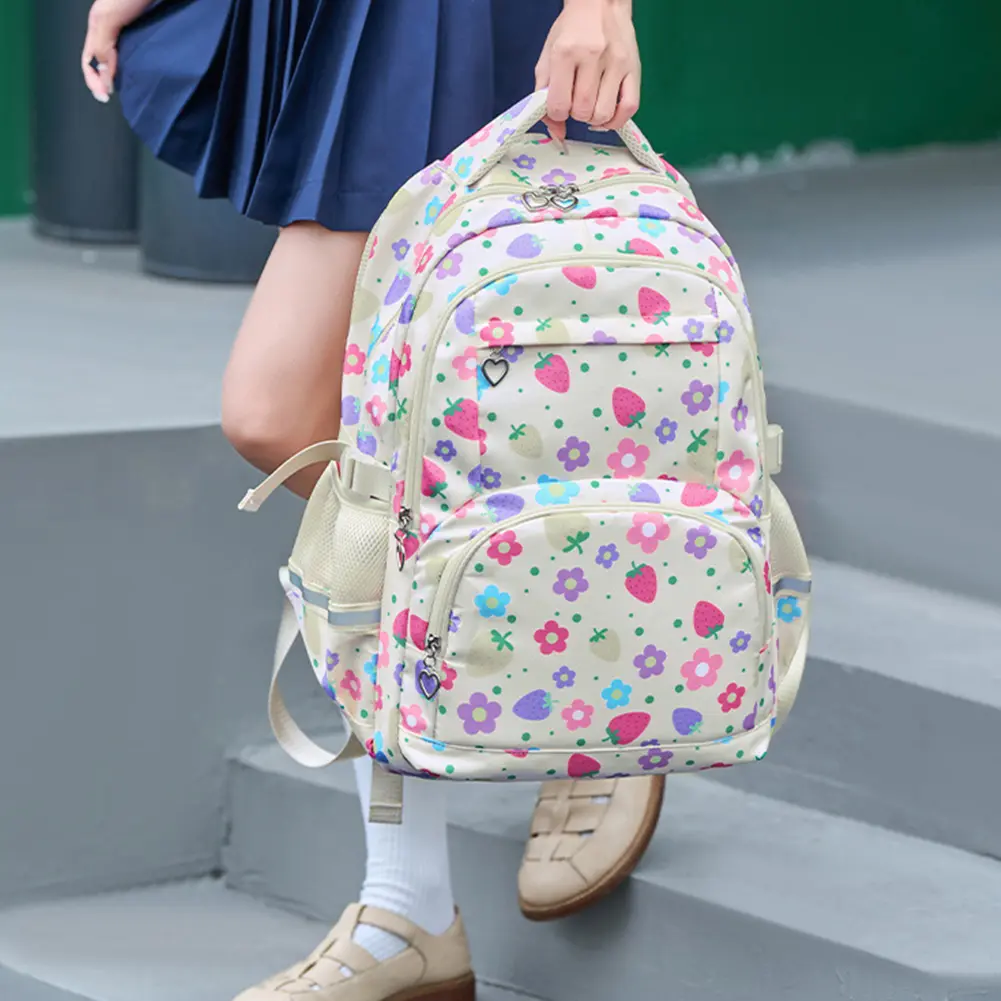 3Pcs Strawberry Prints Primary School Bags with Lunch Bag Pencil Case Strawberry Prints Rucksack Girls Student Casual Daypack