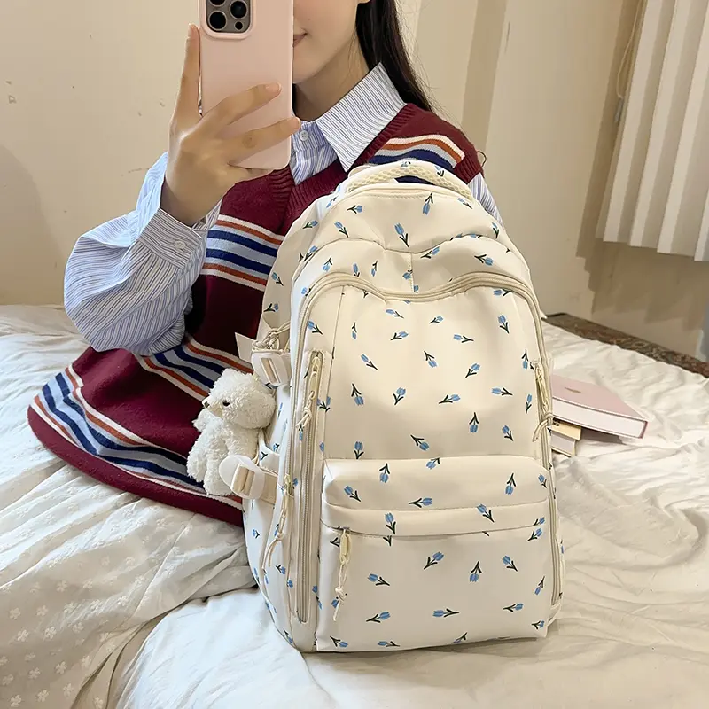 Cute Flower Backpack with Pendant Sweet Print Student Book Schoolbag Large Capacity Small Floral Laptop Bags Lady Casual Daypack