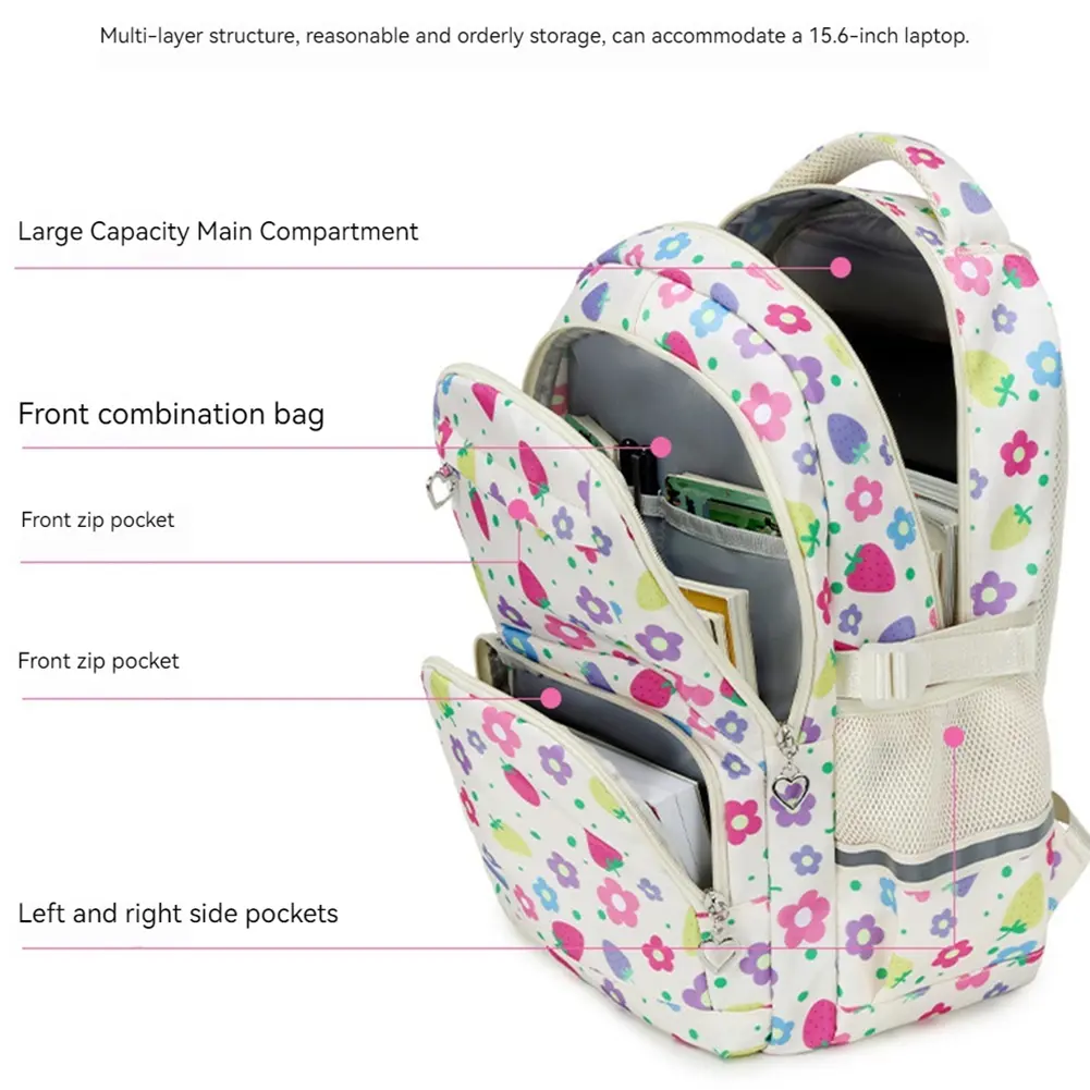 3Pcs Strawberry Prints Primary School Bags with Lunch Bag Pencil Case Strawberry Prints Rucksack Girls Student Casual Daypack