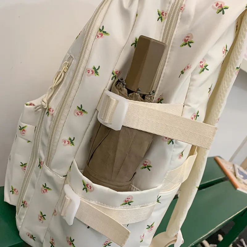 Cute Flower Backpack with Pendant Sweet Print Student Book Schoolbag Large Capacity Small Floral Laptop Bags Lady Casual Daypack