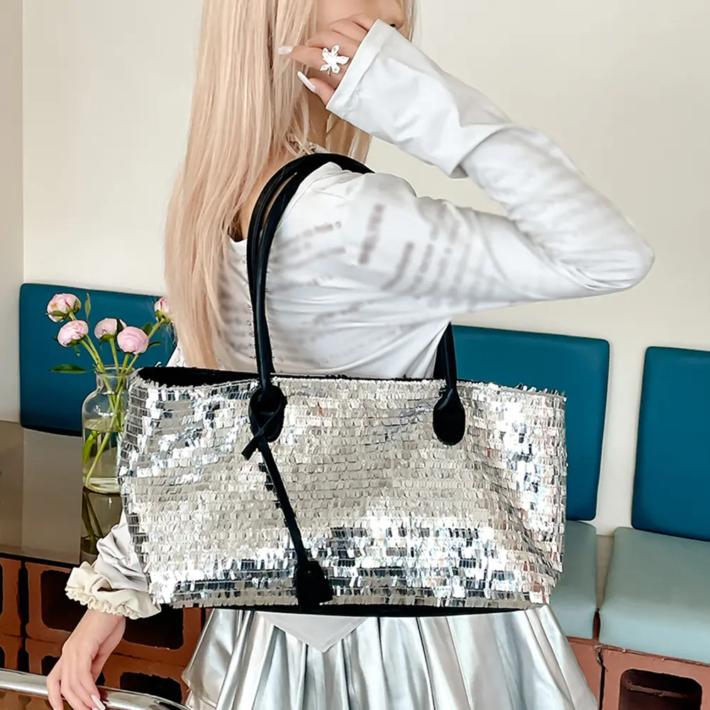 Women PU Leather Shoulder Bag Large Capacity Magnetic Closure Tote Bag Sequin Glitter Handbag Travel Shopping Top-Handle Bags