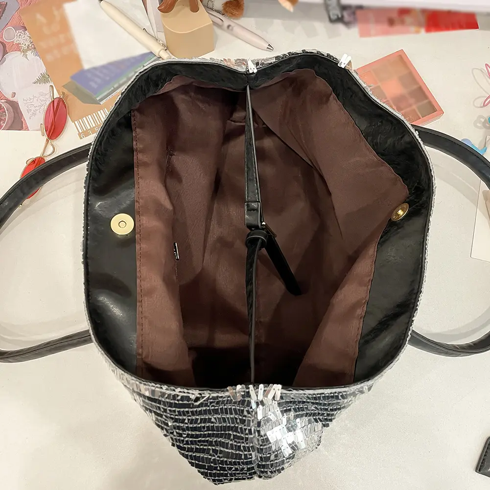 Women PU Leather Shoulder Bag Large Capacity Magnetic Closure Tote Bag Sequin Glitter Handbag Travel Shopping Top-Handle Bags