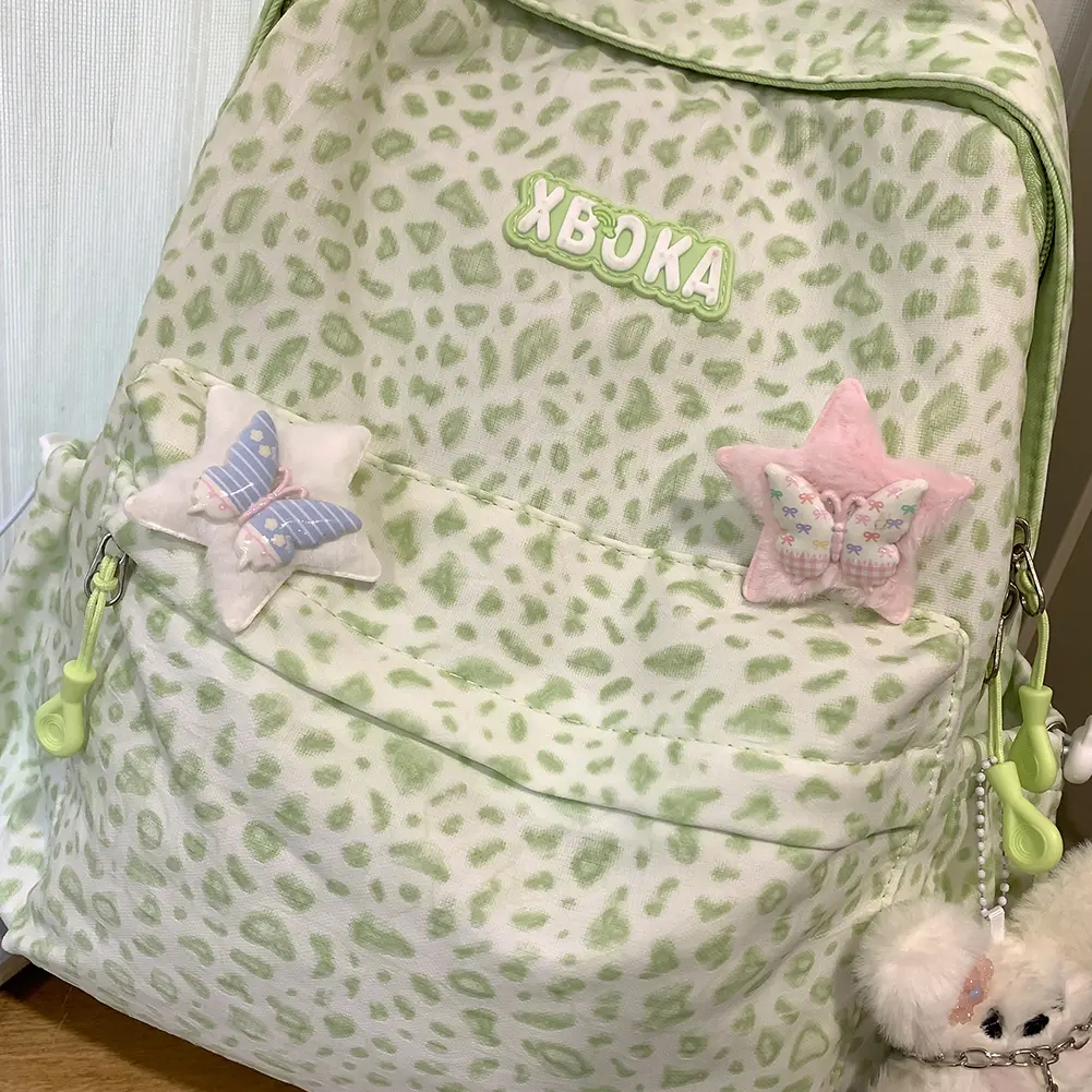Kawaii Girls Nylon Leopard Backpack Women Sweet Casual School Bookbag Travel Preppy Storage Laptop Daypack with Pendant & Star