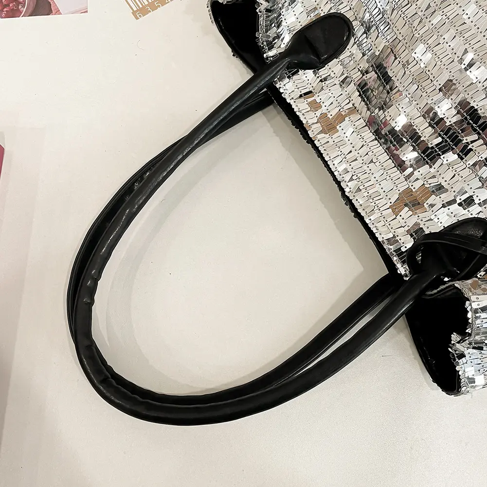 Women PU Leather Shoulder Bag Large Capacity Magnetic Closure Tote Bag Sequin Glitter Handbag Travel Shopping Top-Handle Bags