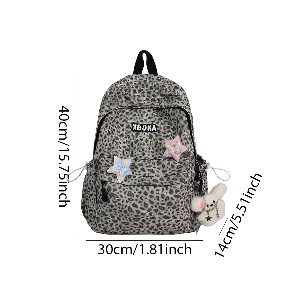 Kawaii Girls Nylon Leopard Backpack Women Sweet Casual School Bookbag Travel Preppy Storage Laptop Daypack with Pendant & Star