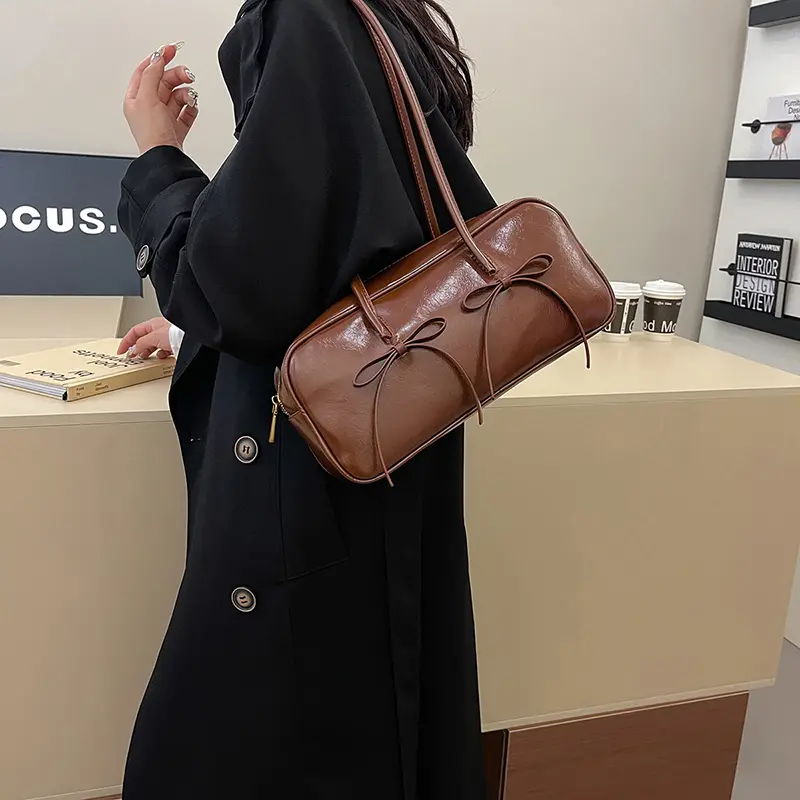 Women Bow Shoulder Bags Ballet Style Underarm Pouch Korean Bowling Top Handle Bags Vintage Commute Tote Handbag Y2k Armpit Bag
