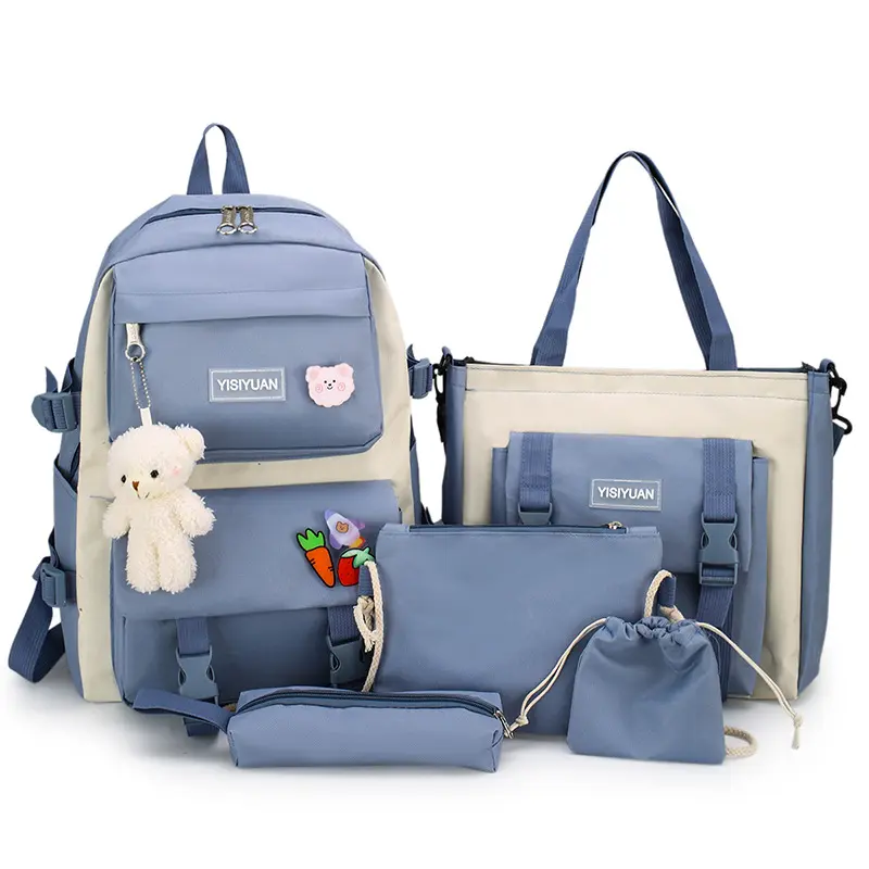 5 PCS Set Backpack Large Capacity Schoolbag Shoulder Bag Pencil Case Set Book Laptop Bag Cute Simple Knapsack with Badge Pendant