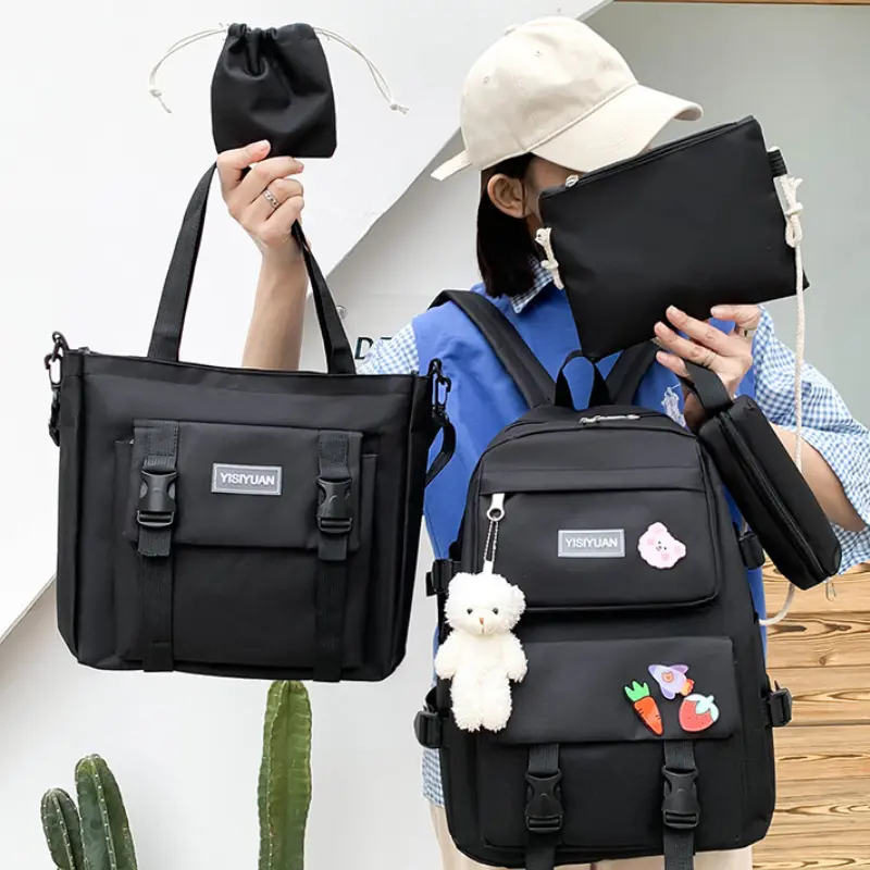 5 PCS Set Backpack Large Capacity Schoolbag Shoulder Bag Pencil Case Set Book Laptop Bag Cute Simple Knapsack with Badge Pendant