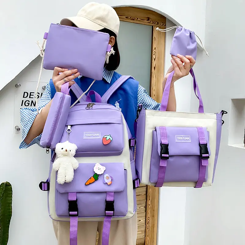 5 PCS Set Backpack Large Capacity Schoolbag Shoulder Bag Pencil Case Set Book Laptop Bag Cute Simple Knapsack with Badge Pendant