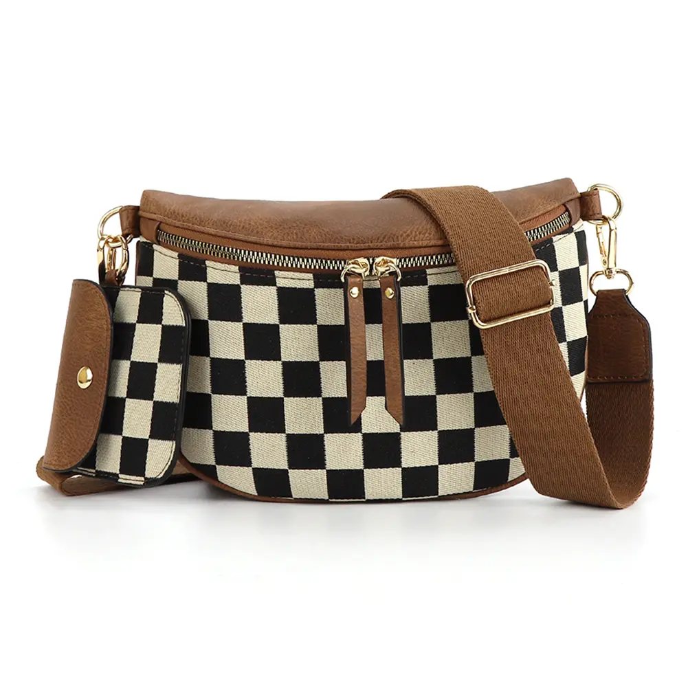 Women Dumpling Chest Bag PU Plaid Half Moon Bag 2in1 Webbing Fashion Waist Pack Large Capacity Chic Crescent Daily Crossbody Bag