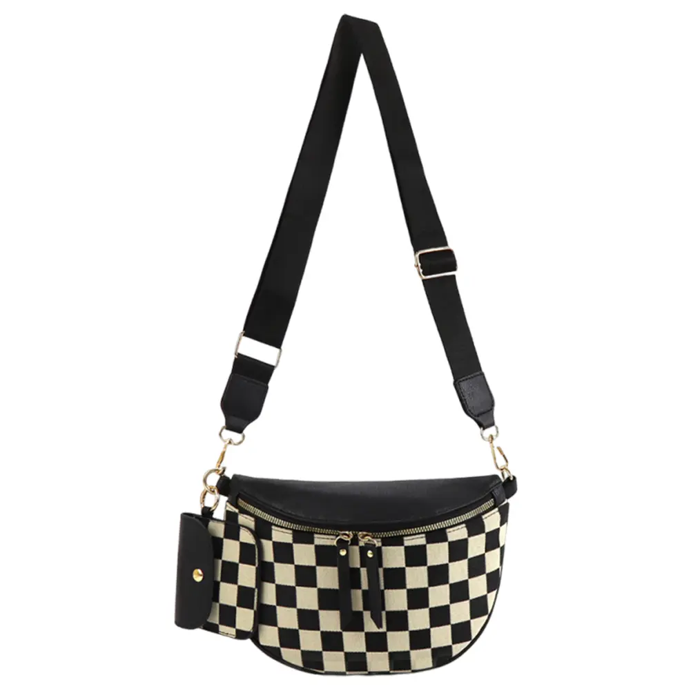 Women Dumpling Chest Bag PU Plaid Half Moon Bag 2in1 Webbing Fashion Waist Pack Large Capacity Chic Crescent Daily Crossbody Bag