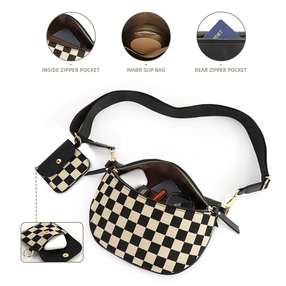 Women Dumpling Chest Bag PU Plaid Half Moon Bag 2in1 Webbing Fashion Waist Pack Large Capacity Chic Crescent Daily Crossbody Bag