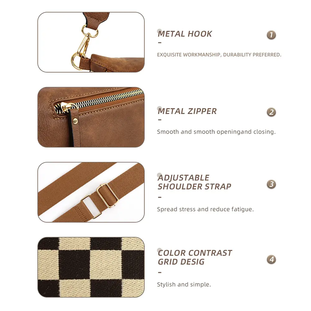 Women Dumpling Chest Bag PU Plaid Half Moon Bag 2in1 Webbing Fashion Waist Pack Large Capacity Chic Crescent Daily Crossbody Bag