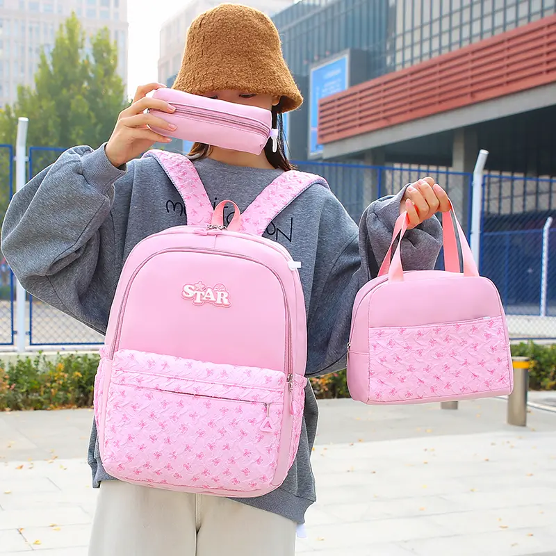3Pcs All-Match Padded School Bag with Handbag Pencil Case Simple Set Kawaii Nylon Backpack School Outdoor Double Shoulder Bag