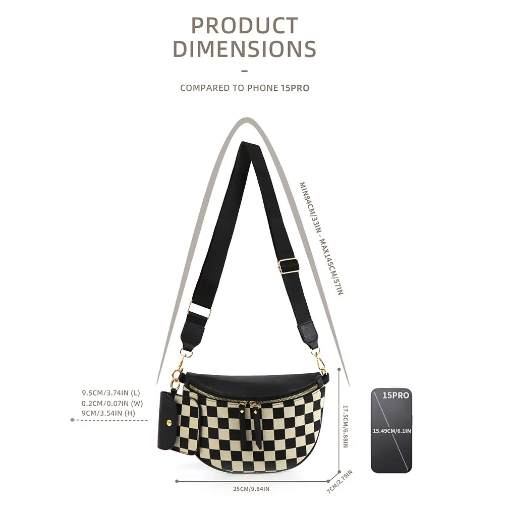 Women Dumpling Chest Bag PU Plaid Half Moon Bag 2in1 Webbing Fashion Waist Pack Large Capacity Chic Crescent Daily Crossbody Bag