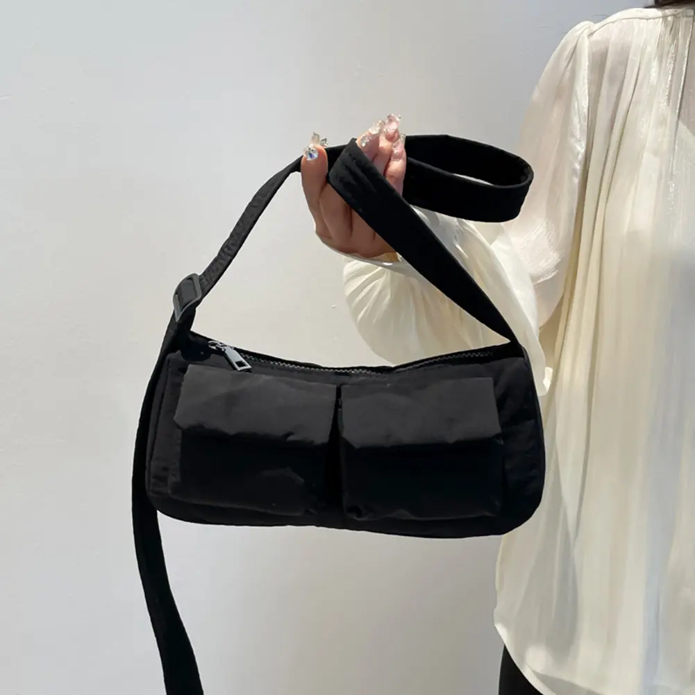 Nylon Simple Messenger Bag Women Crossbody Bag with Multi Pockets Casual Shoulder Bag Daily Hobo Double Pocket Small Square Bag