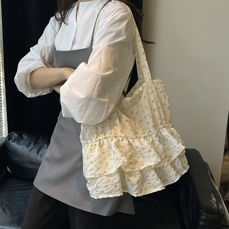 Trendy Floral Skirt Shoulder Armpit Bag Sweet Ruffled Underarm Pouch Large Capacity Tote Handbag Summer Girls Commuting Bags
