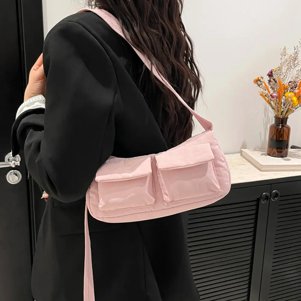 Nylon Simple Messenger Bag Women Crossbody Bag with Multi Pockets Casual Shoulder Bag Daily Hobo Double Pocket Small Square Bag