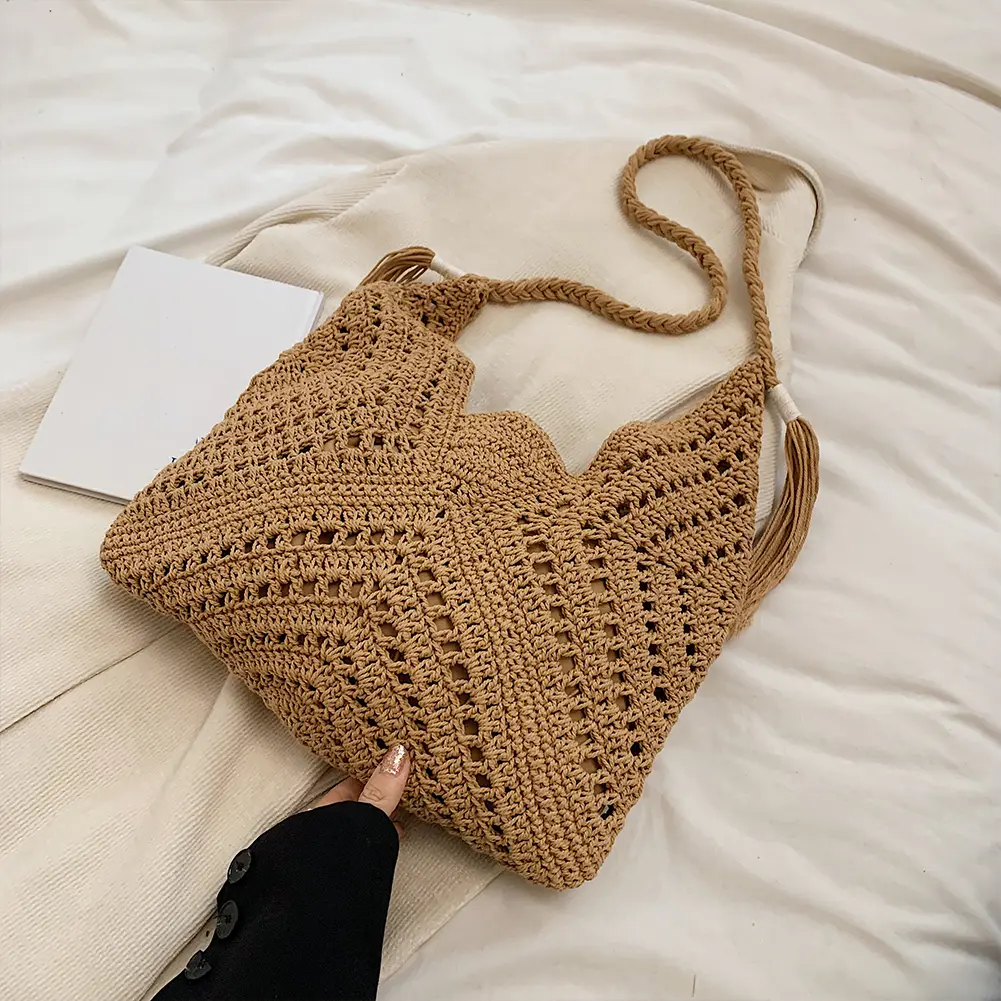 Women Mesh Knit Shoulder Bag Boho Straw Bags With Drawstring Large Vacation Purse Handbag Solid Color Summer Beach Bag