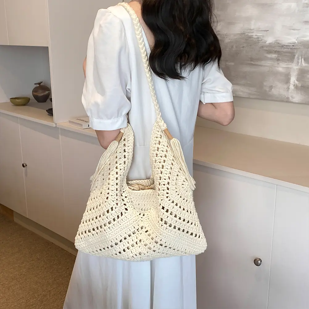 Women Mesh Knit Shoulder Bag Boho Straw Bags With Drawstring Large Vacation Purse Handbag Solid Color Summer Beach Bag