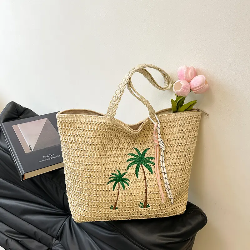 Casual Woven Shoulder Bag Summer Beach Tote Handbag Large Capacity Underarm Pouch Manual Basket Bag for Seaside Vacation Travel