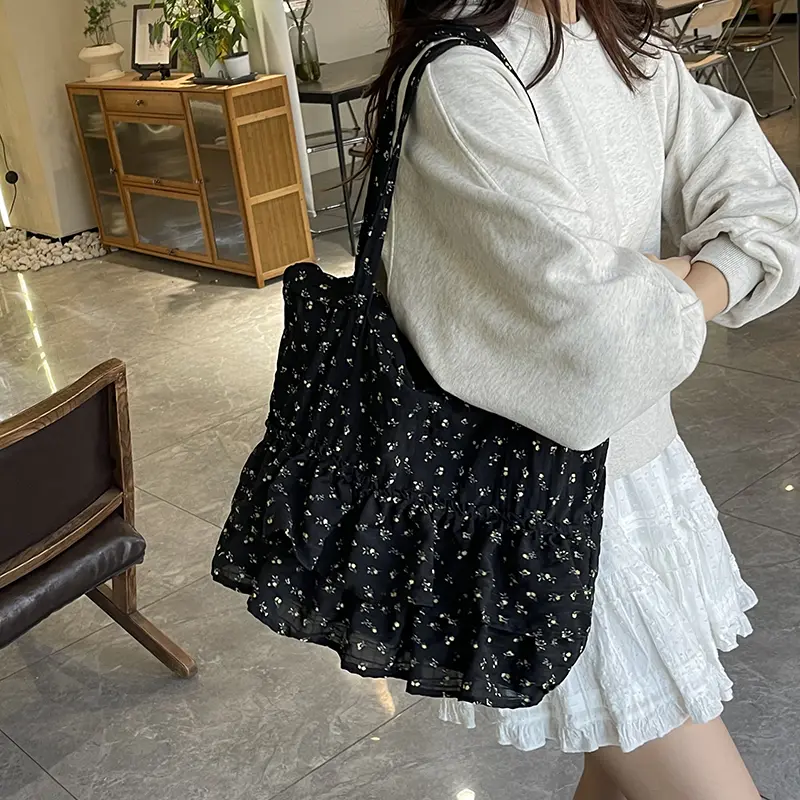 Trendy Floral Skirt Shoulder Armpit Bag Sweet Ruffled Underarm Pouch Large Capacity Tote Handbag Summer Girls Commuting Bags