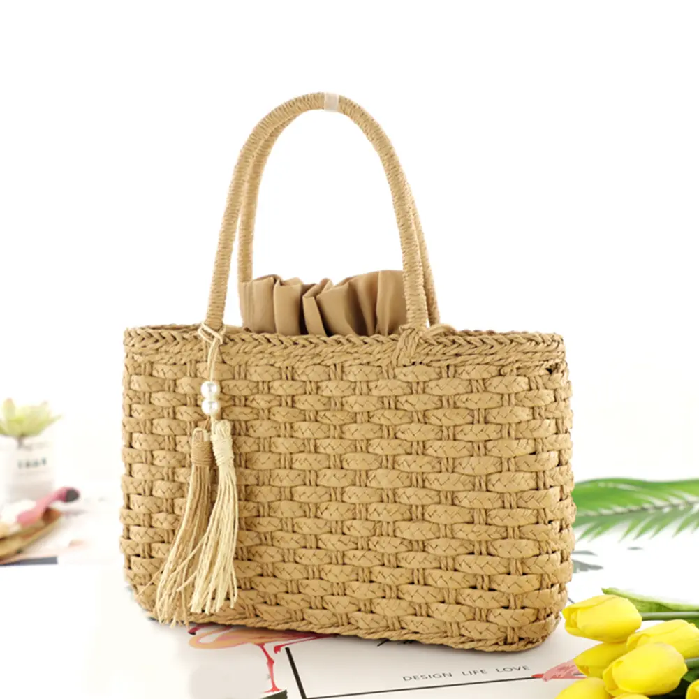 Retro Straw Weaving Shoulder Bag with Tassel Pearl Fashion Hand-Woven Tote Handbag Women Drawstring Satchel Bag Summer Woven Bag