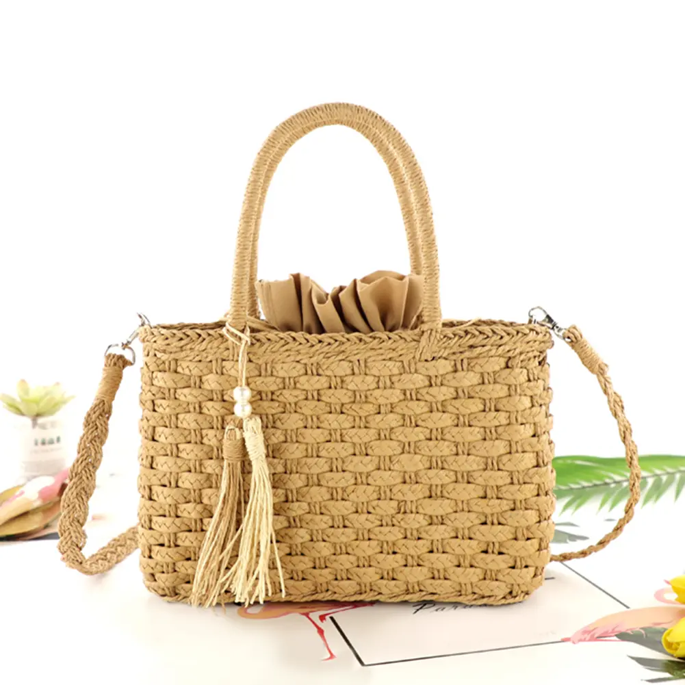 Retro Straw Weaving Shoulder Bag with Tassel Pearl Fashion Hand-Woven Tote Handbag Women Drawstring Satchel Bag Summer Woven Bag