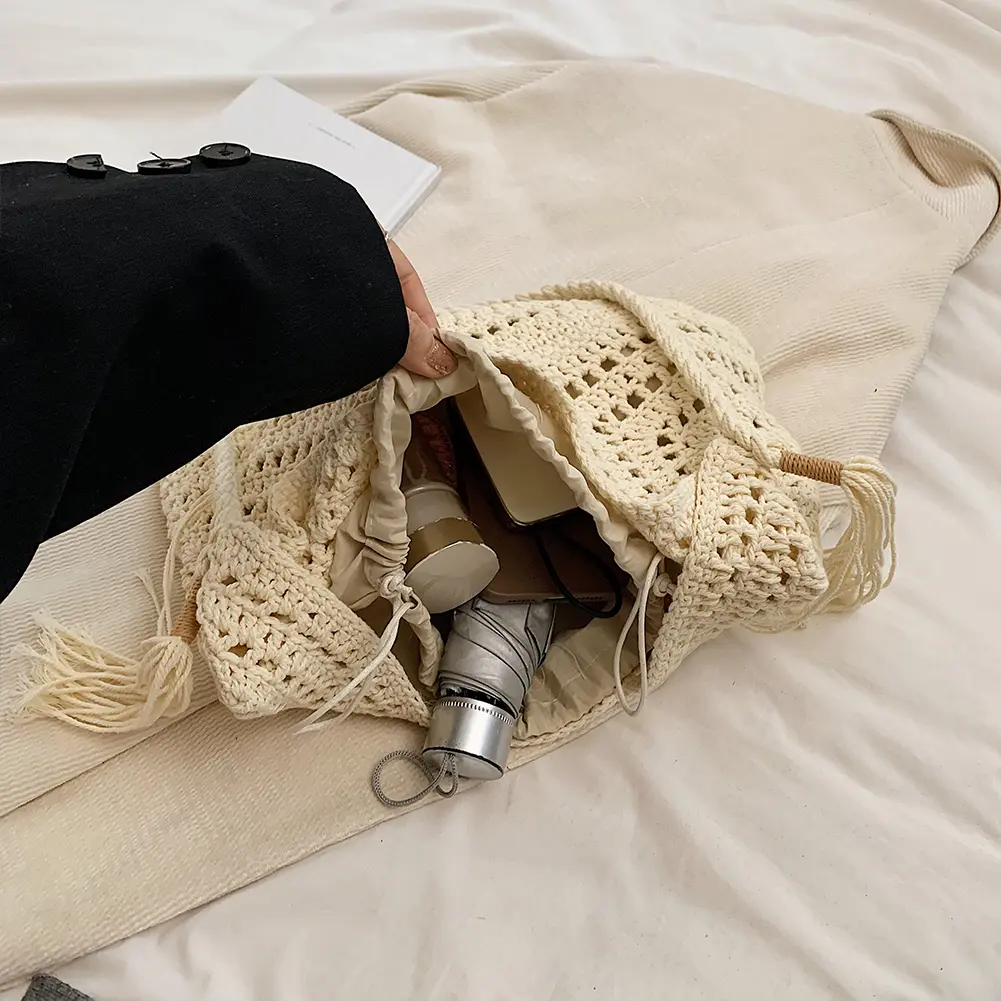 Women Mesh Knit Shoulder Bag Boho Straw Bags With Drawstring Large Vacation Purse Handbag Solid Color Summer Beach Bag