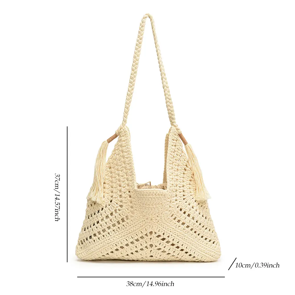 Women Mesh Knit Shoulder Bag Boho Straw Bags With Drawstring Large Vacation Purse Handbag Solid Color Summer Beach Bag