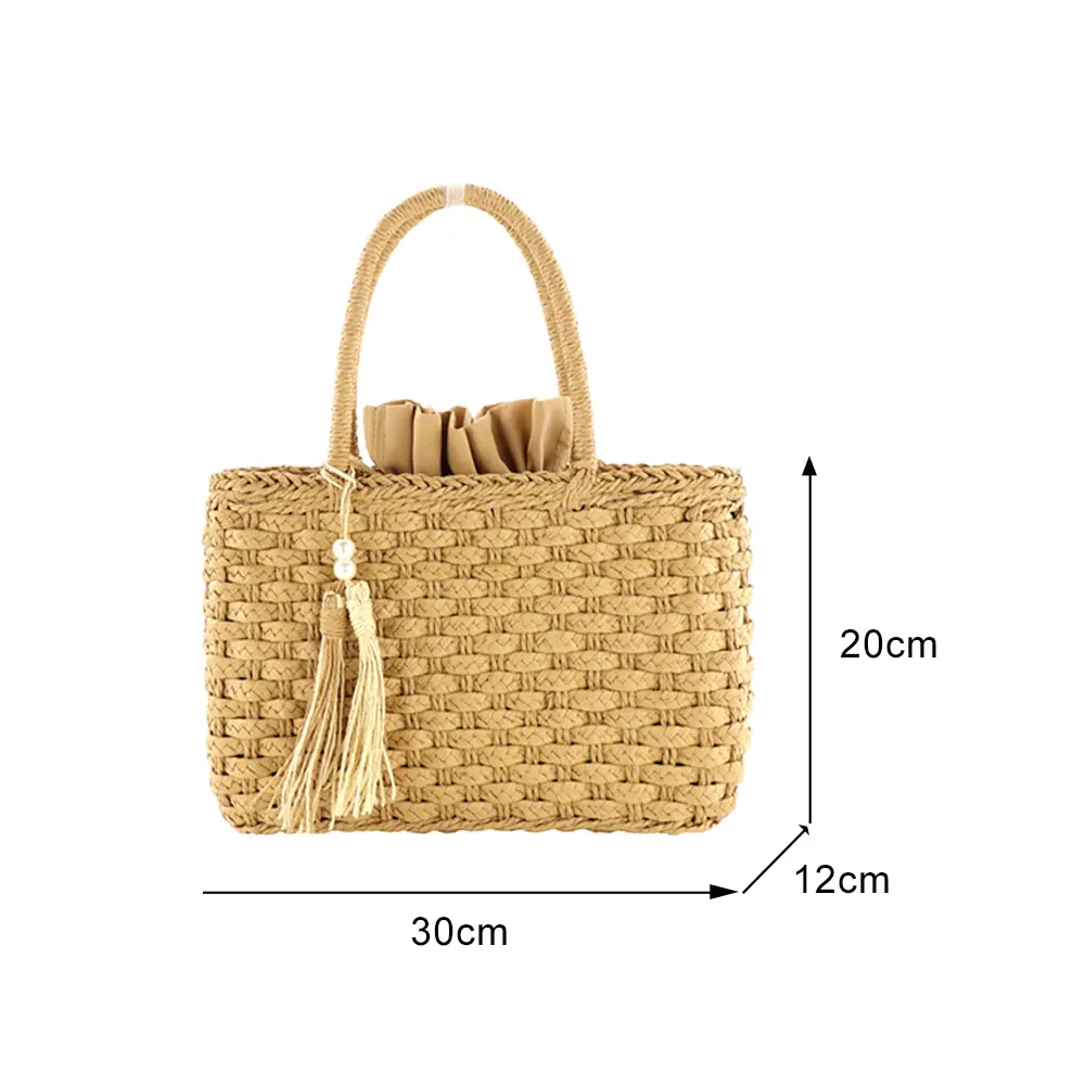 Retro Straw Weaving Shoulder Bag with Tassel Pearl Fashion Hand-Woven Tote Handbag Women Drawstring Satchel Bag Summer Woven Bag