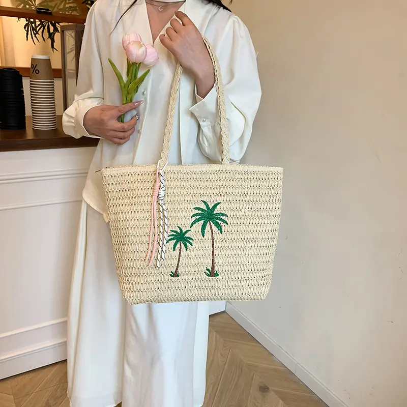 Casual Woven Shoulder Bag Summer Beach Tote Handbag Large Capacity Underarm Pouch Manual Basket Bag for Seaside Vacation Travel